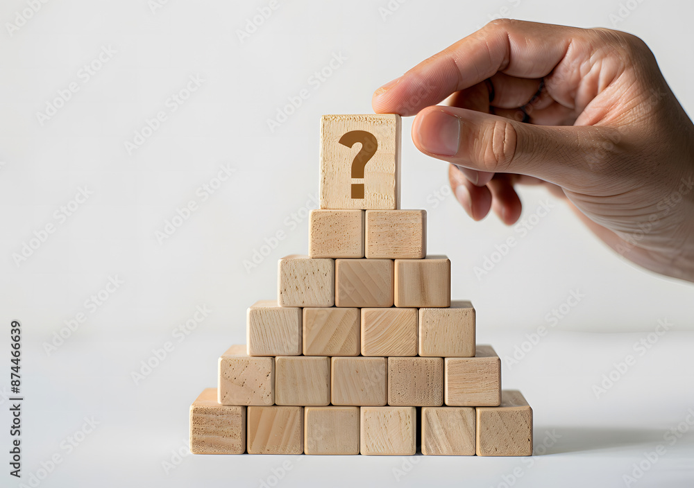 Poster wooden block with a question mark and light bulb icon. for faq. problem and solution. quiz, test, su