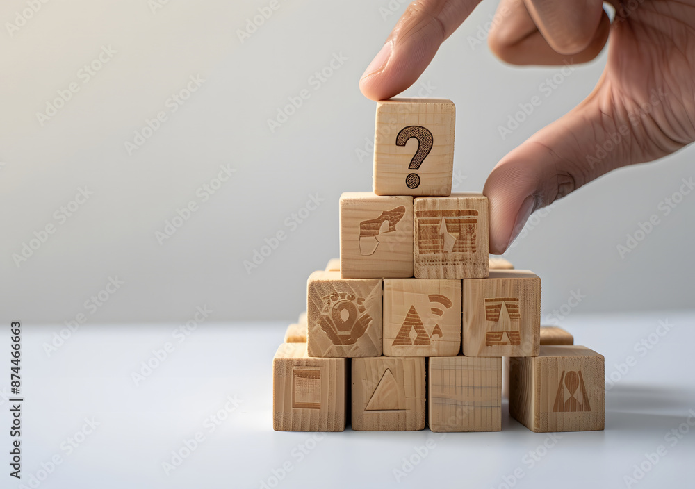Poster wooden block with a question mark and light bulb icon. for faq. problem and solution. quiz, test, su
