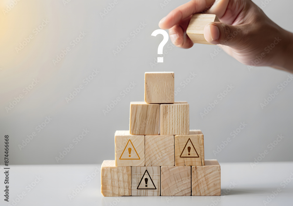 Poster wooden block with a question mark and light bulb icon. for faq. problem and solution. quiz, test, su