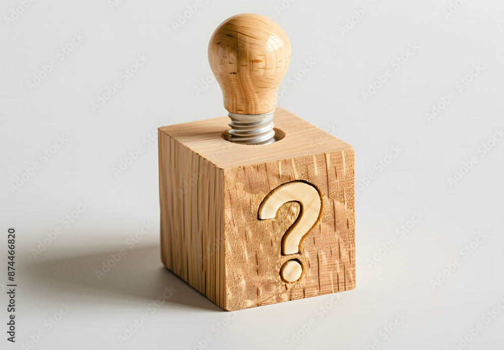 Poster wooden block with a question mark and light bulb icon. for faq. problem and solution. quiz, test, su