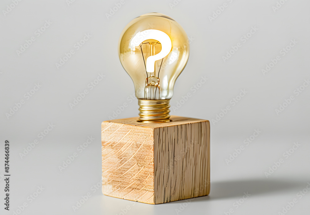 Poster wooden block with a question mark and light bulb icon. for faq. problem and solution. quiz, test, su