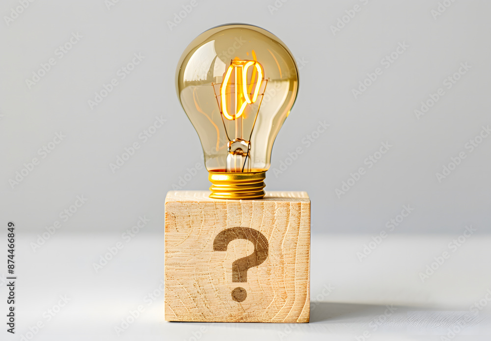 Poster wooden block with a question mark and light bulb icon. for faq. problem and solution. quiz, test, su