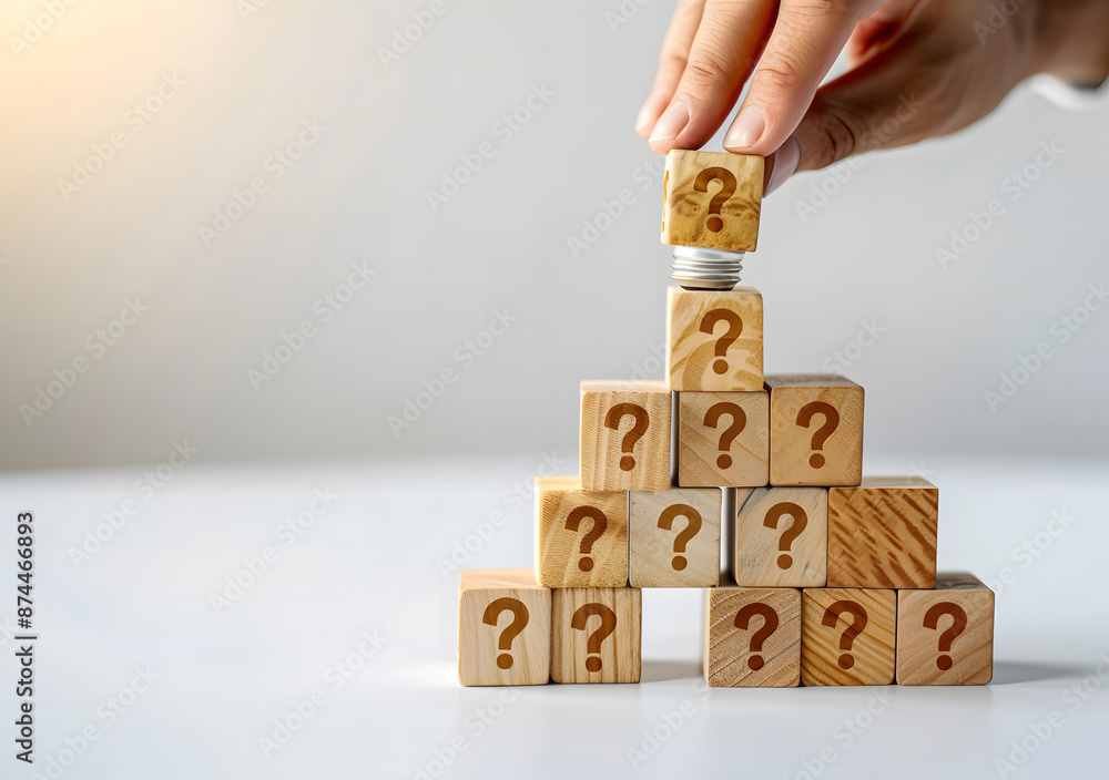 Poster wooden block with a question mark and light bulb icon. for faq. problem and solution. quiz, test, su
