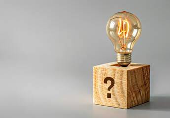 Wooden block with a question mark and light bulb icon. for FAQ. Problem and solution. Quiz, test, survey, support, knowledge, decision, brainstorming, and creative idea design