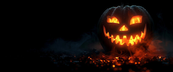 Naklejka premium Halloween pumpkin with scary face on black background.