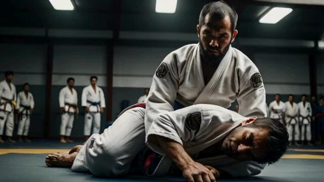 Jiu Jitsu master practices attack or defense posture	