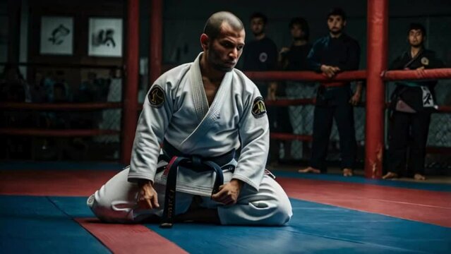 Jiu Jitsu master practices attack or defense posture	