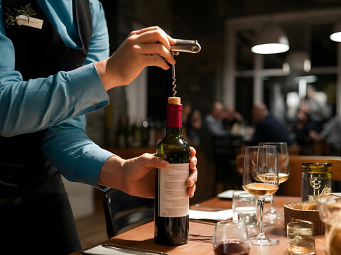 Camarero destapando una botella de vino