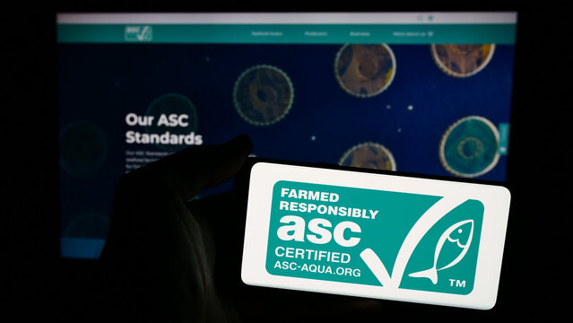 Stuttgart, Germany - 07-01-2024: Person holding mobile phone with logo of organisation Aquaculture Stewardship Council (ASC) in front of web page. Focus on phone display.