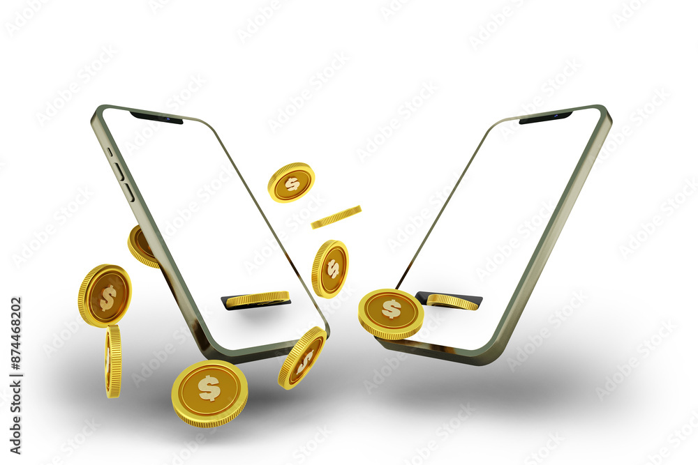 Poster 3d rendering of an abstract golden us dollar coins transferring from one phone to another. mobile mo