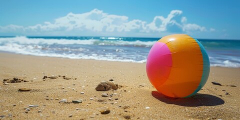 Obraz premium A colorful beach ball resting on a sandy shore with waves in the background, under a clear blue sky.