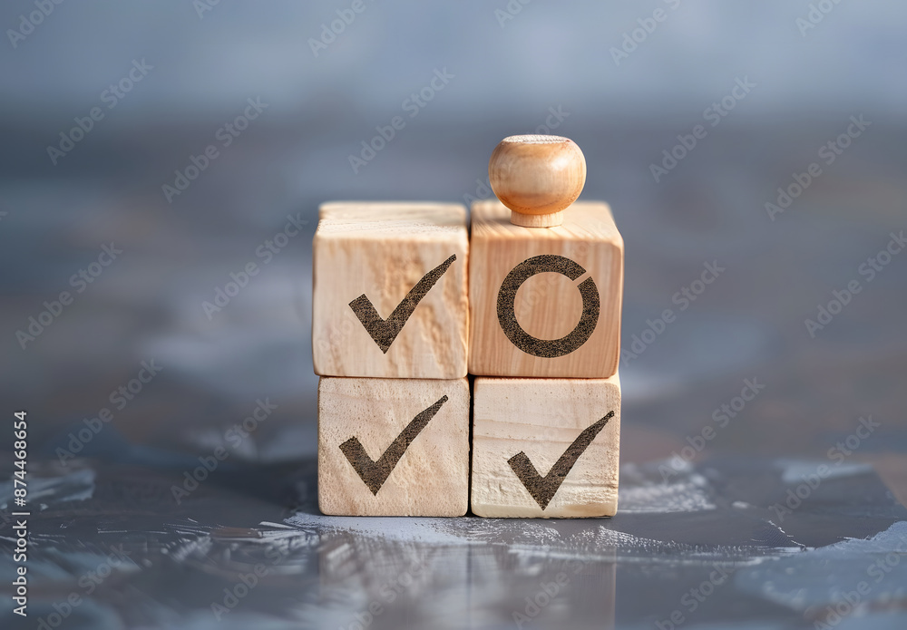 Aufkleber wooden block with target goal icon with a correct checklist. business strategy planning and quality 