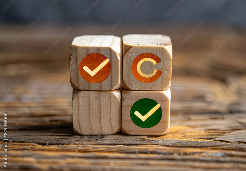Aufkleber wooden block with target goal icon with a correct checklist. business strategy planning and quality 