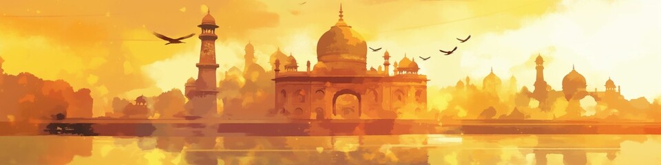 Indian temple watercolor style illustration. Indian Independence Day concept. Indian landscape with river and city view.