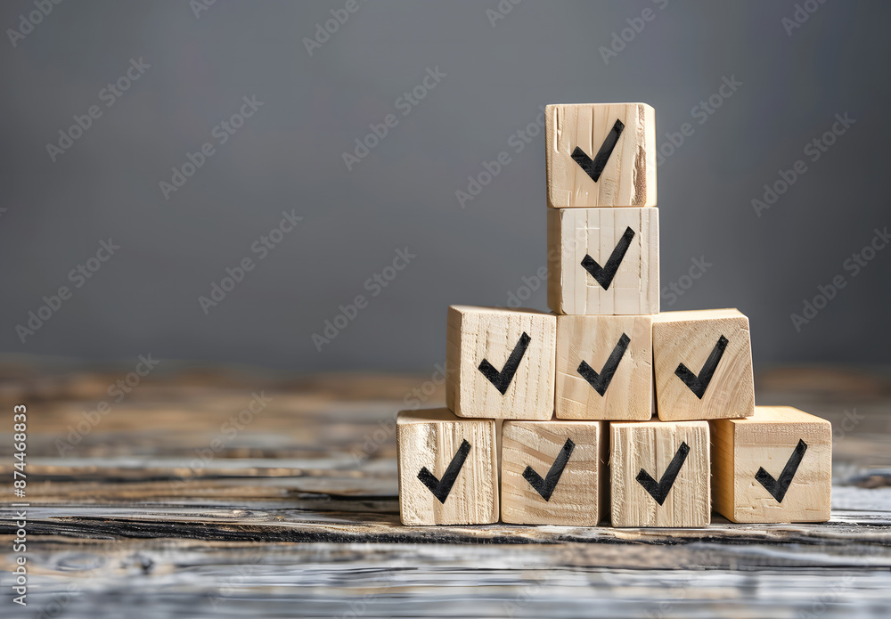 Aufkleber wooden block with target goal icon with a correct checklist. business strategy planning and quality 