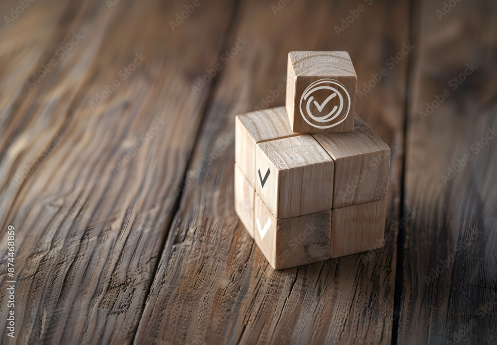 Aufkleber wooden block with target goal icon with a correct checklist. business strategy planning and quality 