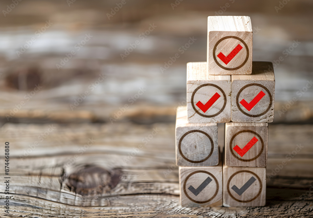 Aufkleber wooden block with target goal icon with a correct checklist. business strategy planning and quality 