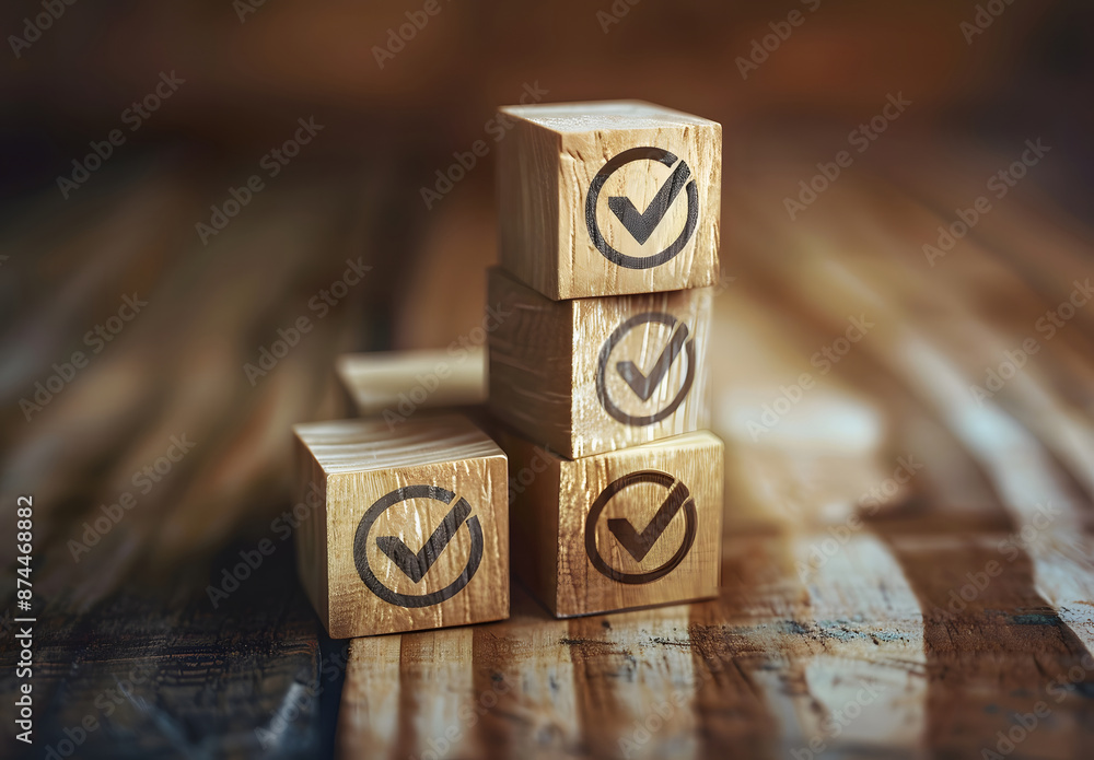 Aufkleber wooden block with target goal icon with a correct checklist. business strategy planning and quality 