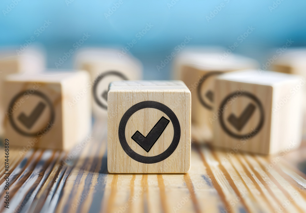 Aufkleber wooden block with target goal icon with a correct checklist. business strategy planning and quality 
