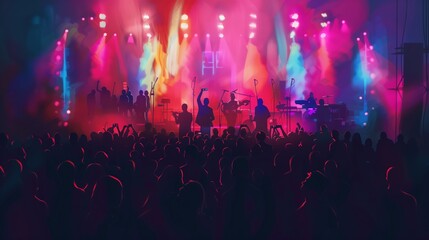 Crowd of people and enthusiastic fans in front of stage at concert, with bright lights and smoke from a smoke machine creating a vibrant atmosphere. Energy and excitement of a live music performance.