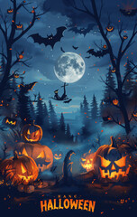 Fototapeta premium Happy halloween banner or party invitation background with violet fog clouds and pumpkins