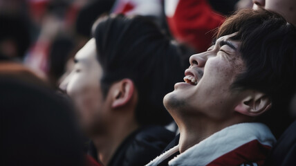 泣き叫ぶ日本のサッカーファンのクローズアップ