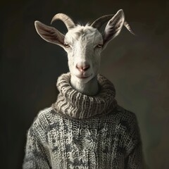 Fototapeta premium A goat wearing a cozy knitted sweater, looking snug and warm against a neutral background 