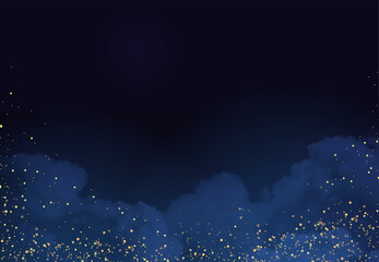 Magic night dark blue frame with sparkling glitter bokeh and light art. Square vector wedding card. Gold confetti and navy background. Golden scattered celestial dust. Fairytale magic star template