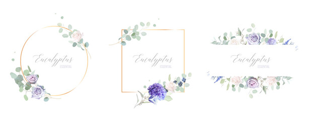Periwinkle violet, purple hydrangea, dusty mauve and lilac rose, bellflower, hyacinth, lavender, eucalyptus vector design frames. Stylish wedding flowers banners. Elements are isolated and editable