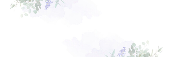 Periwinkle violet, dusty mauve and lilac lavender, eucalyptus vector design horizontal banner. Stylish wedding flowers garland. Watercolor paints purple texture. All elements are isolated and editable © lavendertime