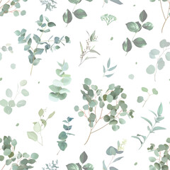 Obraz premium Eucalyptus selection greenery print with leaves and plants. Botanical pattern design. Mint, green, gray, sage, dusty blue watercolor tones. Seamless vector pattern. Simple backdrop on white background