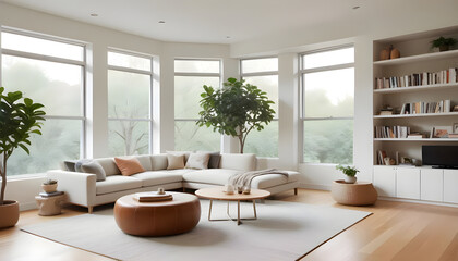 Fototapeta premium Modern interior style design living room. Lighting and sunny Scandinavian apartment with plaster and wood. 3D Rendering