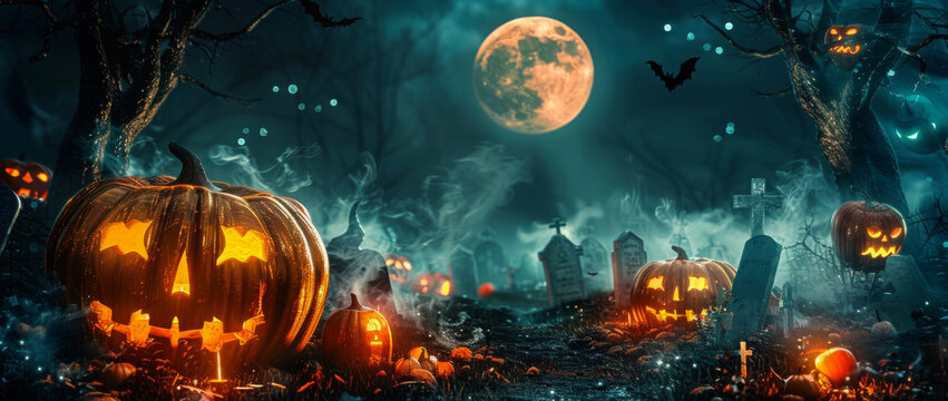 Pumpkin zombie Rising Out Of A Graveyard cemetery and church In Spooky scary dark Night full moon bats on tree. Holiday event halloween banner background concept.