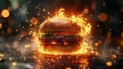 Hot Burger Promotional commercial food photo. Hot Spicy Burger with Flame. Food Background.