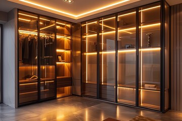 Luxury modern design of walk in closet and wooden wardrobe generative AI