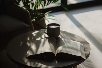 Photo of coffee and open book in wooden table
