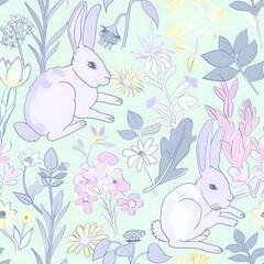 Playful Bunny and Floral Repeat Print in Pastel Tones