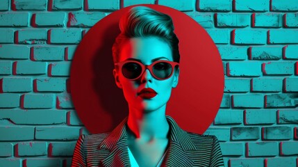 Edgy Fashion Model with Bold Makeup and Sunglasses Against Brick Wall Backdrop