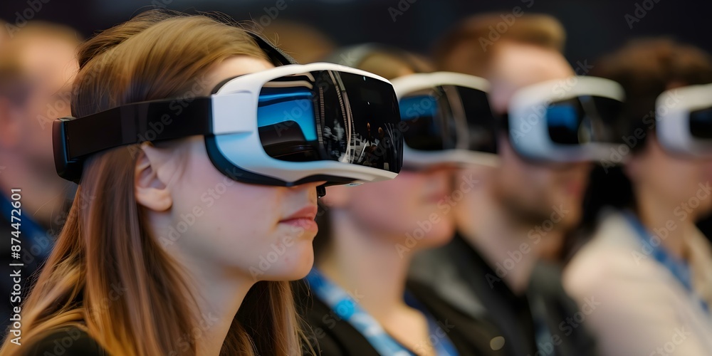 Poster networking professionals attend virtual conference using augmented reality glasses. concept virtual 