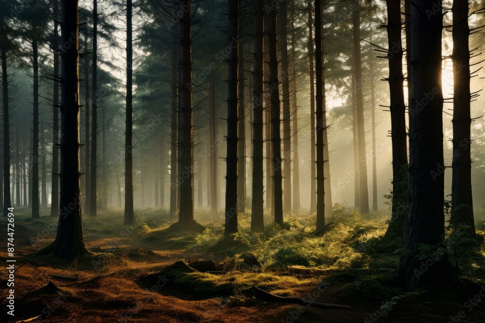 Poster sunlight filters through the trees in a misty forest creating a mystical and tranquil scene