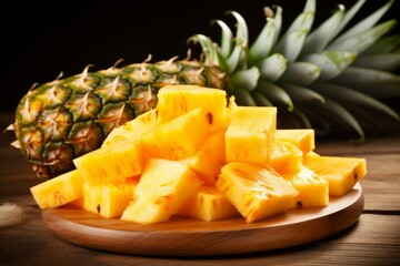 Ripe pineapple and juicy chunks on a wood cutting board against a dark background