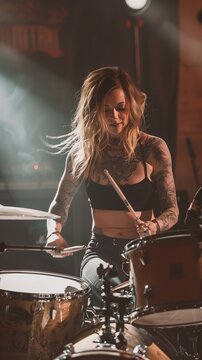 Professional drum set closeup. Beautiful young tattooed woman drummer with drumsticks playing drums and cymbals, on the live music rock concert or in recording studio. Female drummer.