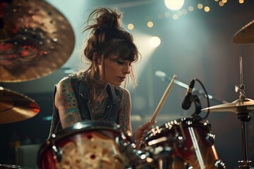 Professional drum set closeup. Beautiful young tattooed woman drummer with drumsticks playing drums...