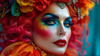 Fototapeta premium Colorful artistic makeup on pensive drag queen with floral headdress against teal background. Generative AI