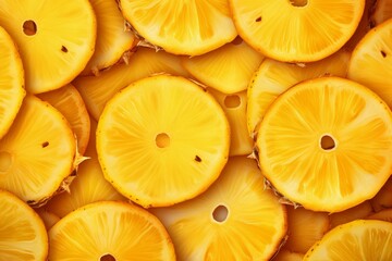 Vibrant top view of fresh pineapple slices background with juicy, ripe, and organic tropical fruit, creating a colorful and refreshing pattern