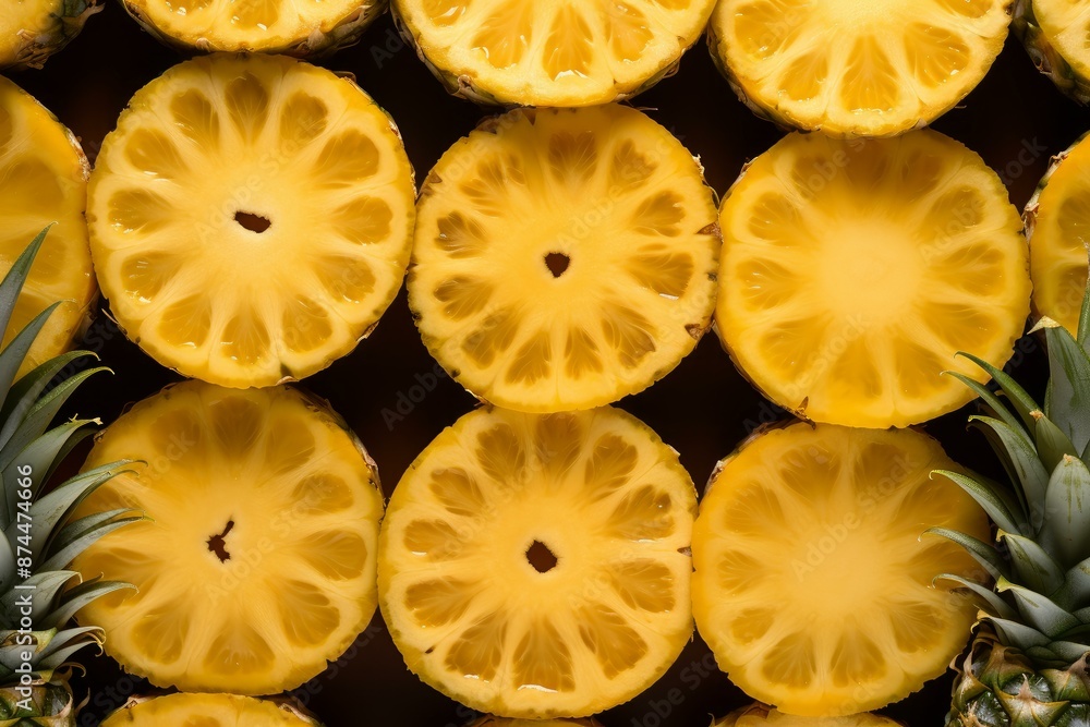 Poster top view of evenly arranged pineapple slices forming a vivid pattern on a dark backdrop