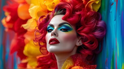 Glamorous drag queen in vibrant makeup and red hair with colorful flower background. Generative AI