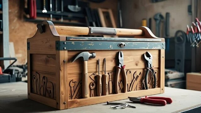 a sturdy wooden toolbox with a rustic design and a distressedf finish, adorned with intricate carvings of tools and a set of metal tools like a hammer, screwdriver, and pliers, situated in a cluttered