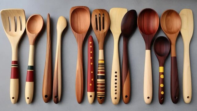 a set of wooden utensils like a spoon or spatula, with a unique and colorful design, made from a variety of different woods like maple, walnut, and cherry, and featuring a few decorative patterns like