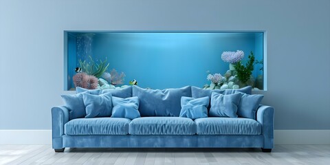 Blue sofa in front of large fish tank living room design. Concept Living Room Design, Blue Sofa, Large Fish Tank, Interior Decor, Home Decor